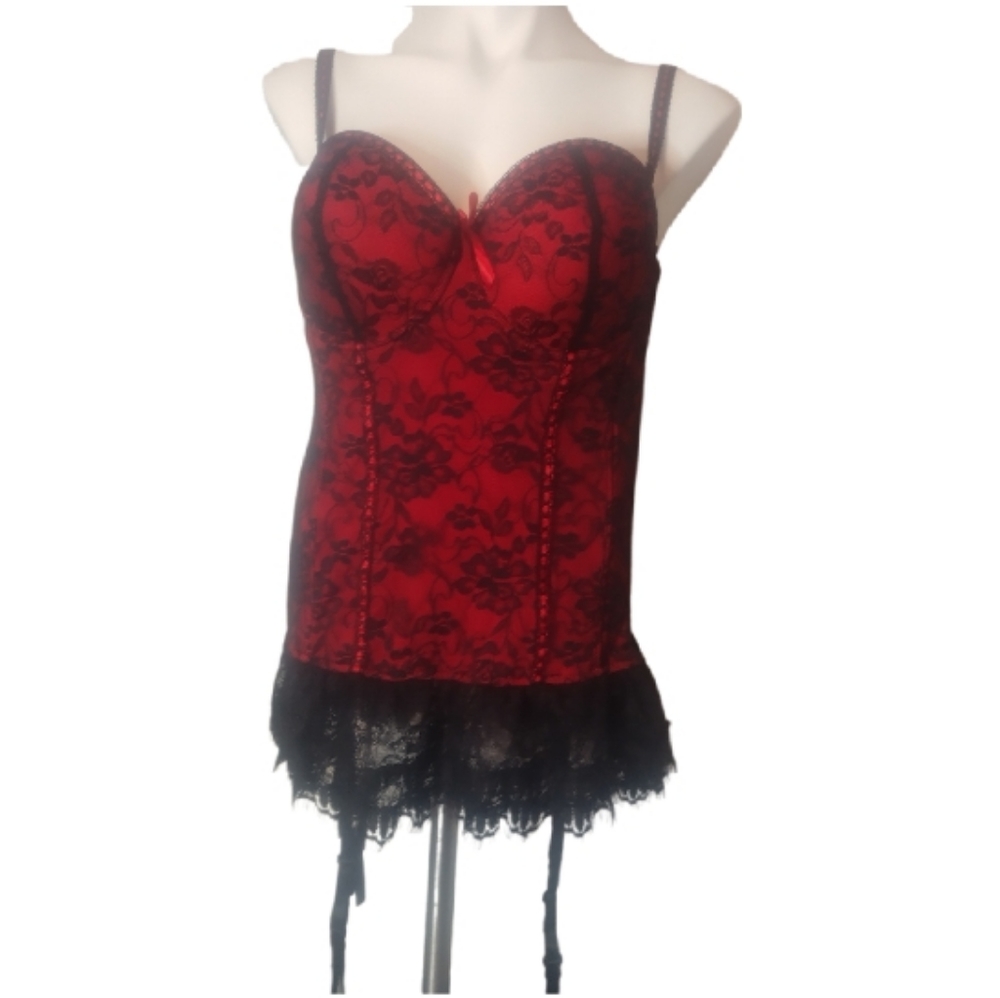 BACI Long Red & Black Corset & Panty Set size 1X/2X NWT